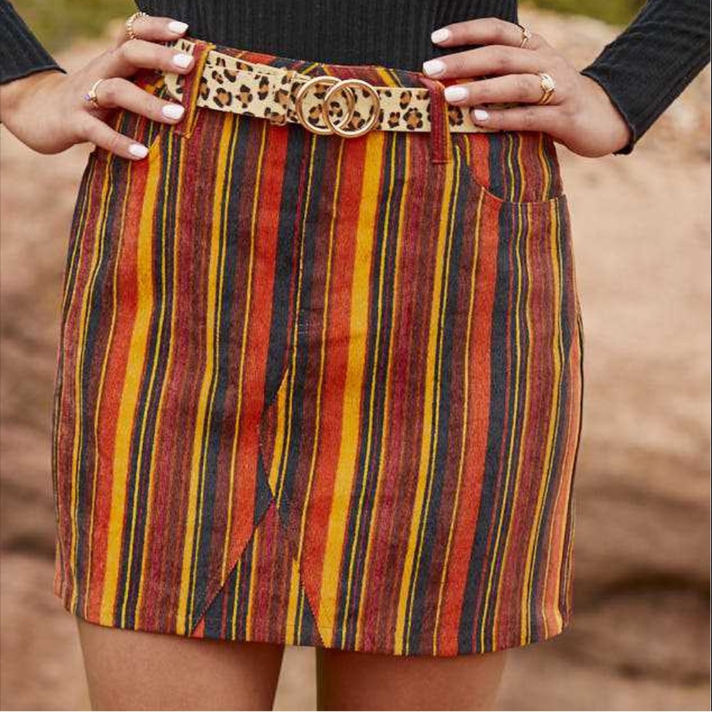 Altar’d State Neptune burgundy multi color striped size corduroy skirt, small